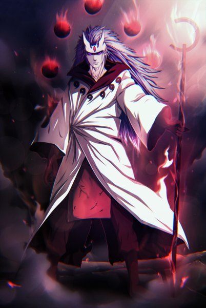 Anime picture 1749x2611 with naruto studio pierrot naruto (series) uchiha madara tagme (artist) single long hair tall image looking at viewer highres standing purple eyes purple hair horn (horns) coloring glowing glowing weapon rinnegan aura boy