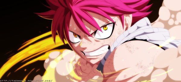 Anime picture 3000x1365 with fairy tail natsu dragneel themnaxs single highres short hair wide image yellow eyes pink hair sweat sleeveless grin coloring magic black background close-up smoke muscle angry boy
