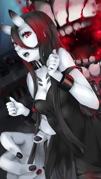 Anime picture 800x1420 with kantai collection battleship-symbiotic hime mitu long hair tall image looking at viewer open mouth black hair hair between eyes red eyes standing bare shoulders nail polish horn (horns) teeth black nail polish oni horns sharp teeth shinkaisei-kan girl