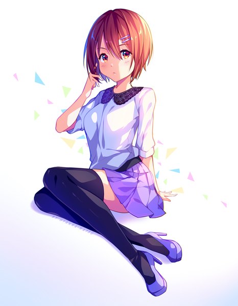 Anime picture 778x1000 with original hyanna-natsu single tall image looking at viewer blush fringe short hair simple background hair between eyes brown hair white background sitting signed full body bent knee (knees) pleated skirt arm support orange eyes high heels