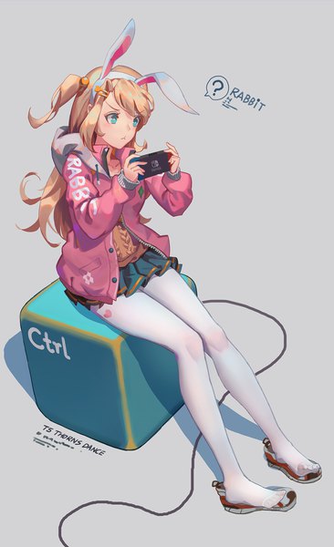 Anime picture 1173x1920 with original nintendo ibara dance single long hair tall image blush blue eyes blonde hair simple background sitting holding animal ears looking away full body pleated skirt from above grey background open jacket shadow