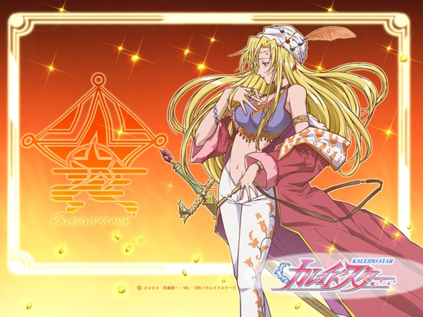 Anime picture 1280x960 with kaleido star gonzo layla hamilton single long hair blonde hair looking away profile sparkle midriff wallpaper copyright name hand on chest girl weapon sword headdress ring crop top