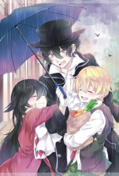 Anime picture 945x1400 with pandora hearts xebec alice (pandora hearts) oz vessalius gilbert nightray purimo (xxxmofmof) long hair tall image blush fringe short hair open mouth black hair blonde hair smile hair between eyes standing holding yellow eyes cloud (clouds)