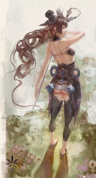 Anime picture 1200x2202 with original xiaoxkeli single long hair tall image looking at viewer fringe light erotic brown hair standing bare shoulders brown eyes ass barefoot sunlight no shoes back drill hair girl weapon