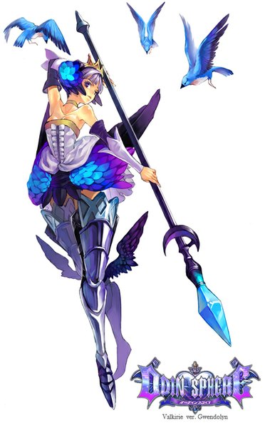 Аниме картинка 500x806 с odin sphere vanillaware gwendolyn cocorip (riprip) один (одна) высокое изображение смотрит на зрителя чёлка короткие волосы простой фон белый фон фиолетовые глаза голые плечи фиолетовые волосы имена персонажей рука за головой девушка оружие отдельные рукава животное