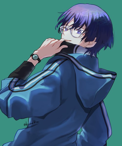 Anime picture 2500x3000 with genshin impact scaramouche (genshin impact) wanderer (genshin impact) kusunoki  r single tall image highres short hair simple background purple eyes signed looking away purple hair upper body twitter username bespectacled adjusting clothes aqua background boy glasses