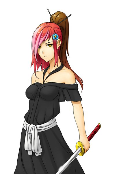 Anime picture 768x1024 with buttjeeeks single long hair tall image looking at viewer fringe breasts standing white background bare shoulders holding cleavage red hair multicolored hair hair flower girl dress hair ornament flower (flowers) weapon
