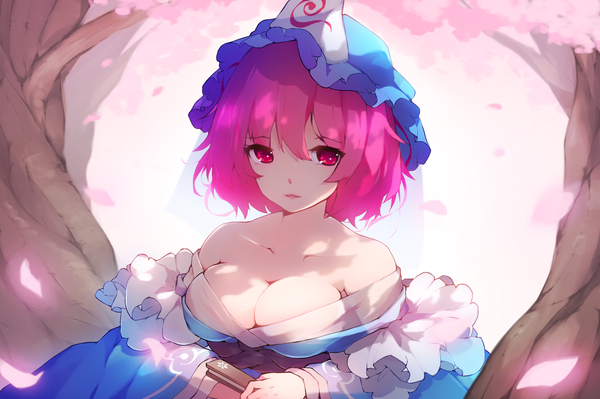 Anime picture 1936x1286 with touhou saigyouji yuyuko chiroru (cheese-roll) single looking at viewer fringe highres short hair breasts light erotic hair between eyes large breasts pink hair cleavage pink eyes cherry blossoms girl plant (plants) hat petals