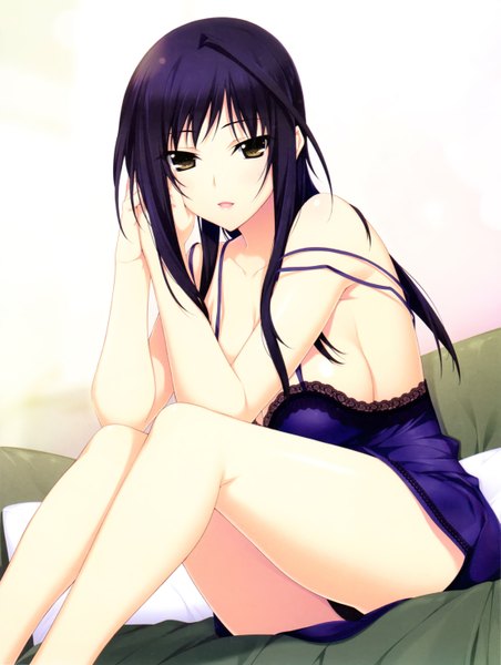 Anime picture 4460x5920 with lovely x cation 2 hibiki works izumi wakoto iizuki tasuku single long hair tall image looking at viewer blush highres breasts light erotic large breasts sitting bare shoulders brown eyes absurdres cleavage purple hair no bra