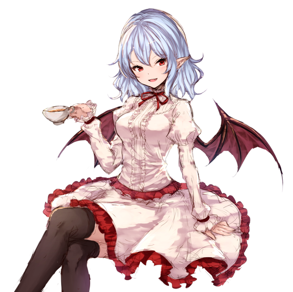Anime picture 1085x1080 with touhou remilia scarlet junior27016 single looking at viewer fringe short hair open mouth simple background smile hair between eyes red eyes white background sitting holding blue hair long sleeves pointy ears arm support puffy sleeves