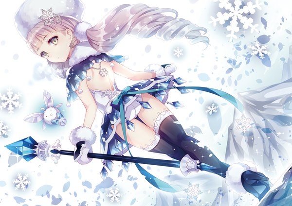 Anime picture 800x566 with original mahou shoujo grimoire (artbook) wasabi (sekai) single long hair light erotic standing white background twintails holding yellow eyes pink hair absurdres looking back from behind from below back snowing winter snow