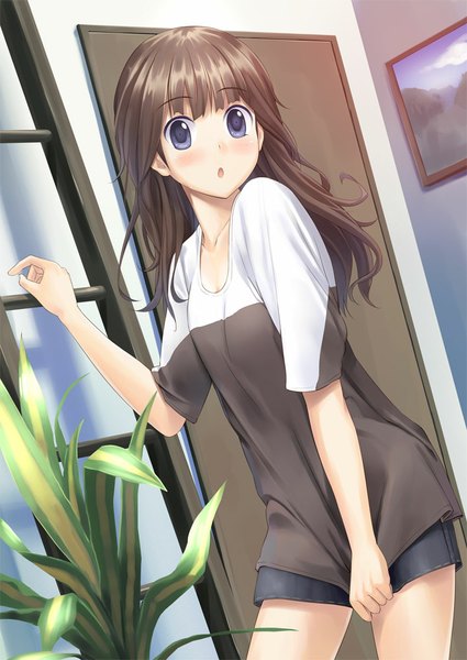 Anime picture 708x1000 with original tenkuu nozora single long hair tall image looking at viewer blush open mouth blue eyes brown hair girl plant (plants) t-shirt