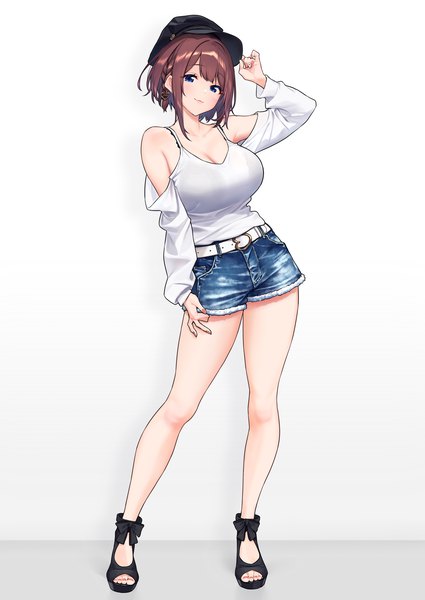 Anime picture 2507x3541 with original hitoyo (baffu) baffu single tall image looking at viewer blush fringe highres short hair breasts blue eyes light erotic simple background smile brown hair large breasts standing bare shoulders payot