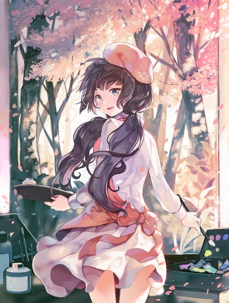 Anime picture 1100x1454 with original sibyl single long hair tall image looking at viewer blush fringe open mouth black hair smile twintails holding green eyes long sleeves looking back wind from behind low twintails cherry blossoms