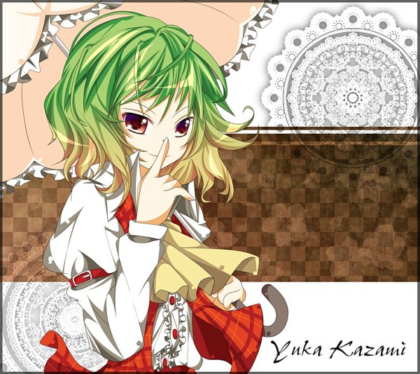 Аниме картинка 1150x1025 с touhou казами юка hikobae короткие волосы красные глаза разноцветные волосы разноцветные глаза шахматный фон девушка зонт шейный платок