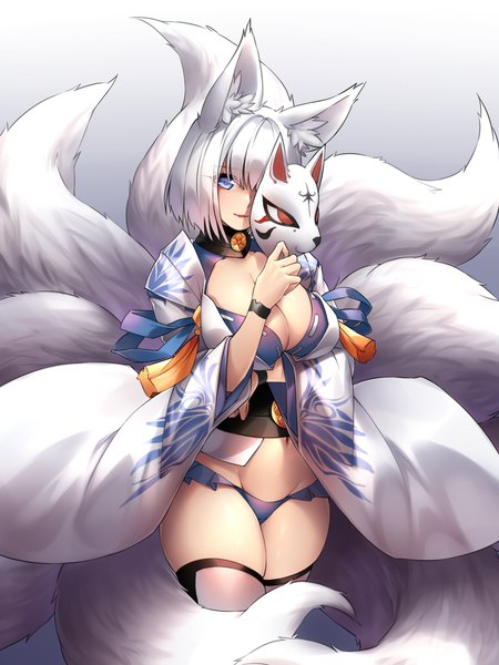 Anime picture 1500x2000 with azur lane kaga (azur lane) yin-ting tian single tall image fringe short hair breasts blue eyes light erotic simple background large breasts standing holding animal ears silver hair tail traditional clothes japanese clothes animal tail