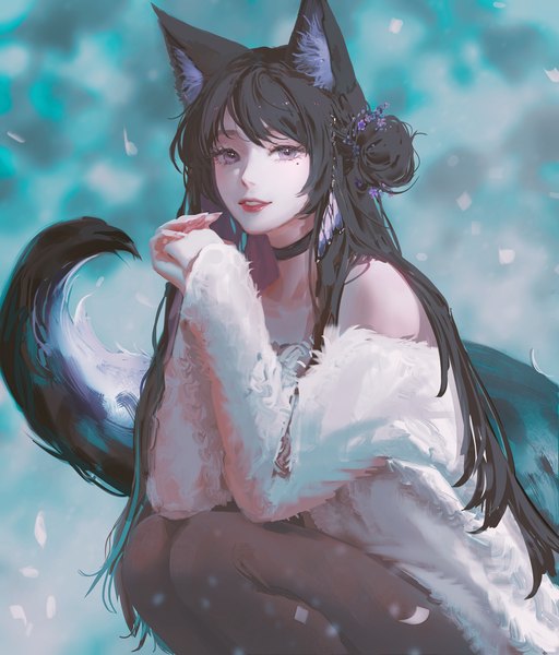 Anime picture 5118x6000 with original nixeu single long hair tall image looking at viewer fringe highres black hair purple eyes bare shoulders animal ears absurdres bent knee (knees) tail long sleeves parted lips animal tail hair flower light smile