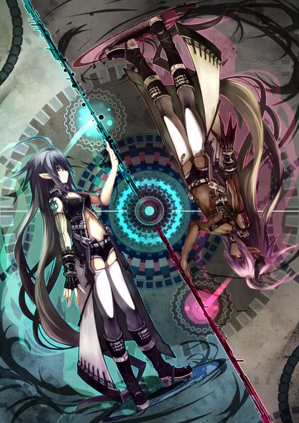 Anime picture 1060x1500 with original mamuru long hair tall image purple eyes multiple girls pink hair purple hair pink eyes multicolored hair horn (horns) two-tone hair midriff dark skin girl thighhighs 2 girls white thighhighs shorts boots