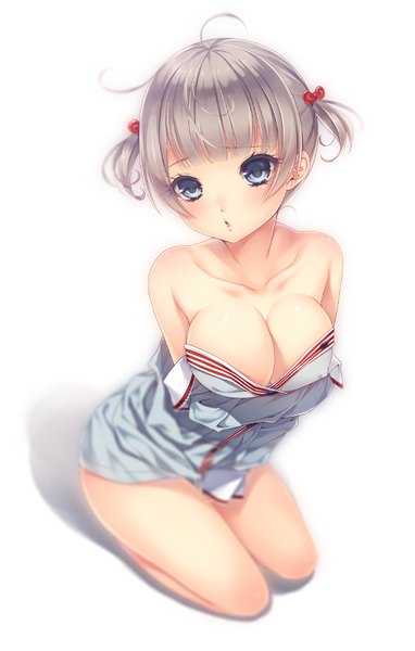 Anime picture 700x1100 with original momoi komomo single tall image looking at viewer blush short hair breasts blue eyes light erotic simple background white background cleavage grey hair girl shirt