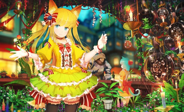 Anime picture 3000x1828 with original jean popo long hair highres blue eyes blonde hair wide image multiple girls animal ears blue hair fox ears girl dress flower (flowers) bow 2 girls plant (plants) hair bow bubble (bubbles) candle (candles)