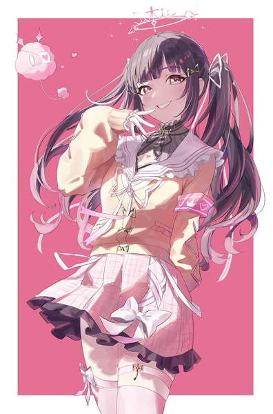 Anime picture 2704x4092 with virtual youtuber phase connect himemiya rie esukeipu single long hair tall image looking at viewer highres black hair simple background smile standing twintails long sleeves pleated skirt grin border sleeves past wrists pink background