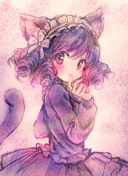 Anime picture 1014x1395 with show by rock!! studio bones cyan (show by rock!!) ogawa hidari single tall image looking at viewer blush fringe short hair hair between eyes purple eyes animal ears purple hair tail long sleeves animal tail looking back cat ears cat girl