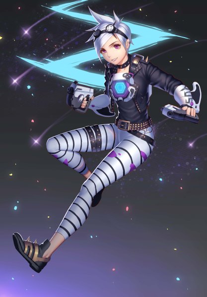 Anime picture 3558x5118 with overwatch blizzard entertainment tracer (overwatch) ultraviolet tracer yus single tall image looking at viewer fringe highres short hair smile purple eyes holding absurdres silver hair bent knee (knees) nail polish lips open clothes