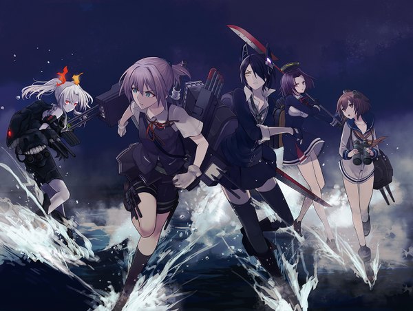 Anime picture 1326x1000 with kantai collection tenryuu light cruiser tatsuta light cruiser yukikaze destroyer shiranui destroyer kagerou destroyer harano long hair looking at viewer fringe short hair open mouth blue eyes black hair red eyes brown hair twintails multiple girls holding brown eyes