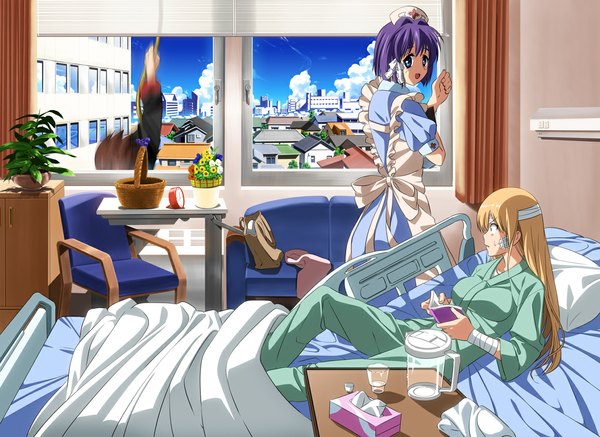 Anime picture 1156x843 with clannad little busters! key (studio) fujibayashi ryou tokido saya natsume kyousuke k3 (dolphin brain) long hair short hair open mouth blue eyes blonde hair multiple girls purple hair lying city nurse falling girl boy