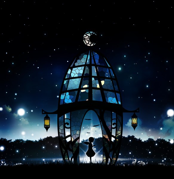 Anime picture 1200x1234 with original harada miyuki single tall image short hair standing sky profile night night sky tears lens flare outstretched arm girl plant (plants) wings tree (trees) building (buildings) moon star (stars)