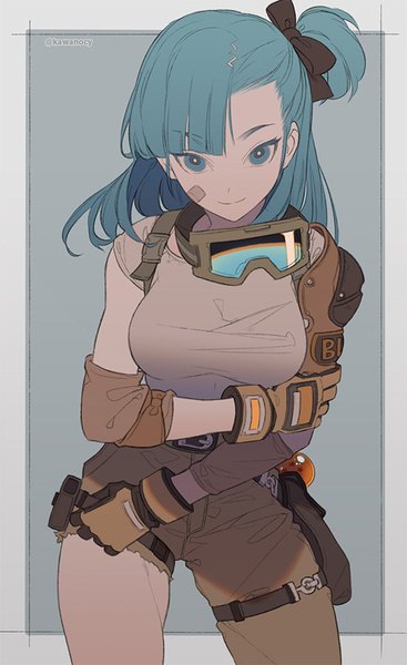 イラスト 551x900 と ドラゴンボール bulma 河CY ソロ 長髪 長身像 カメラ目線 前髪 simple background signed aqua eyes aqua hair twitter username ワンサイドアップ border holding arm bandaid on face 女の子 手袋 ちょう結び