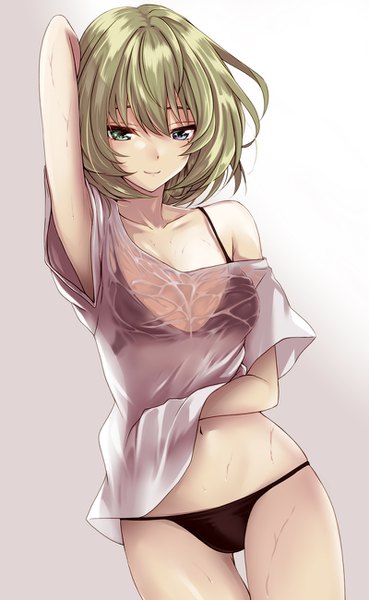 Anime picture 800x1300 with idolmaster idolmaster cinderella girls takagaki kaede simon (n.s craft) single tall image looking at viewer blush fringe short hair breasts blue eyes light erotic simple background smile hair between eyes standing holding green eyes cleavage