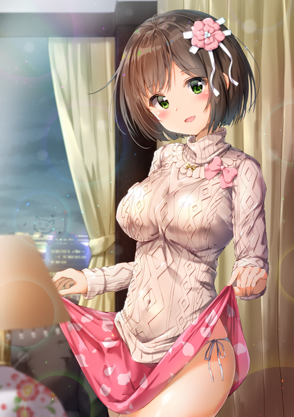 Anime picture 1240x1754 with idolmaster idolmaster cinderella girls maekawa miku kuria (clear trip second) single tall image looking at viewer blush fringe short hair breasts open mouth light erotic brown hair large breasts standing green eyes indoors long sleeves head tilt