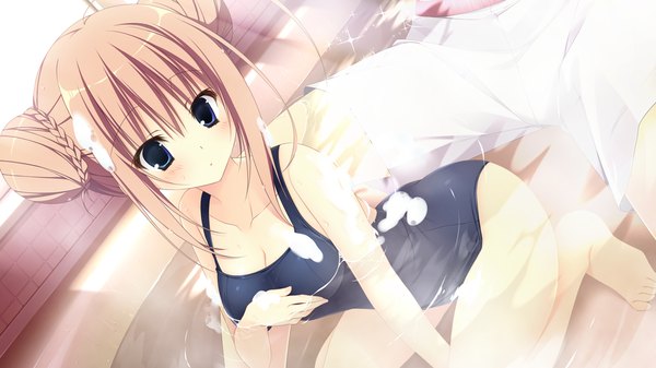 Anime picture 1280x720 with majo koi nikki nanno alice inugami kira long hair blush breasts blue eyes light erotic wide image sitting bare shoulders brown eyes game cg cleavage barefoot bare legs wet smoke girl hair ornament