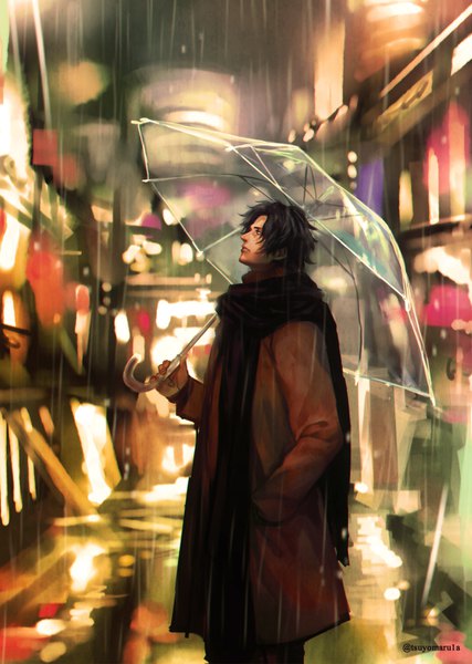 Anime picture 1028x1444 with one piece toei animation portgas d. ace tsuyomaru single tall image short hair black hair standing holding signed looking away outdoors profile black eyes blurry night twitter username city looking up