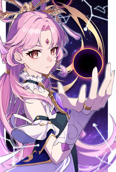 Anime picture 2400x3551 with honkai: star rail honkai (series) fu xuan (honkai: star rail) nagano ayu single long hair tall image looking at viewer highres twintails yellow eyes pink hair upper body low twintails outside border hair rings forehead mark pillarboxed girl bridal gauntlets
