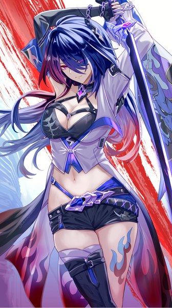 Anime picture 1404x2508 with honkai: star rail honkai (series) acheron (honkai: star rail) uenoryoma single long hair tall image looking at viewer fringe breasts light erotic large breasts standing purple eyes holding purple hair hair over one eye arms up tattoo glowing