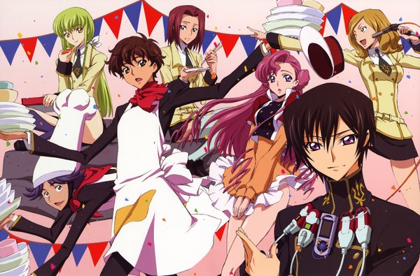 Anime picture 5784x3813 with code geass sunrise (studio) c.c. lelouch lamperouge kallen stadtfeld kururugi suzaku euphemia li britannia milly ashford rivalz cardemonde ishida kana long hair fringe highres short hair black hair blonde hair brown hair purple eyes multiple girls brown eyes