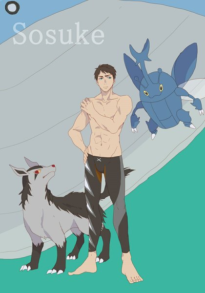 Anime picture 827x1182 with pokemon free! kyoto animation nintendo yamazaki sosuke mightyena wailord heracross ronisuke tall image blue eyes black hair simple background standing looking away character names hand on hip muscle crossover gen 2 pokemon