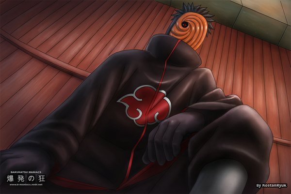 Anime picture 1000x669 with naruto studio pierrot naruto (series) uchiha obito tobi kostanryuk single short hair black hair red eyes coloring hieroglyph akatsuki sharingan boy gloves cloak mask wall