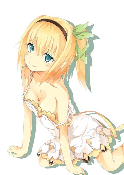 Anime picture 698x987 with tales of (series) tales of zestiria edna (tales) aria (schwarza97rw0rd) single tall image looking at viewer fringe blue eyes light erotic blonde hair smile one side up asymmetrical hair girl dress hair ornament ribbon (ribbons) hair ribbon