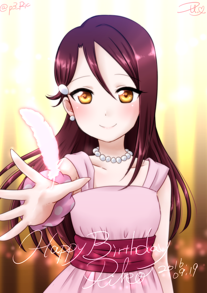 Anime-Bild 600x849 mit love live! sunshine!! sunrise (studio) love live! sakurauchi riko ric. (marchen mozuku) single long hair tall image looking at viewer blush smile hair between eyes brown hair signed yellow eyes upper body character names dated outstretched hand happy birthday