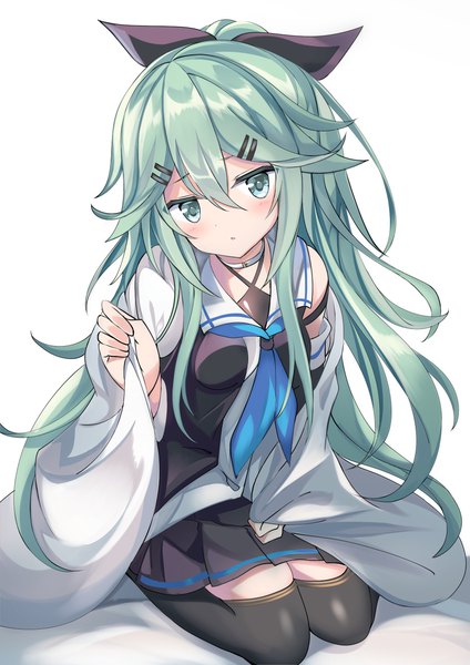 Anime picture 1810x2560 with kantai collection yamakaze (kantai collection) fathom single long hair tall image looking at viewer blush fringe highres simple background hair between eyes white background green eyes full body bent knee (knees) ponytail head tilt pleated skirt arm up