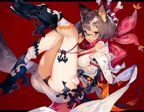 Anime picture 1200x935 with original toridamono single looking at viewer short hair breasts open mouth light erotic simple background brown hair purple eyes animal ears full body bent knee (knees) traditional clothes japanese clothes pantyshot letterboxed red background dog ears