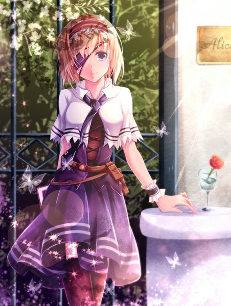 Anime picture 829x1100 with touhou alice margatroid doc.lnn single tall image blush fringe short hair breasts blue eyes blonde hair smile holding looking away lips character names lens flare girl flower (flowers) plant (plants)
