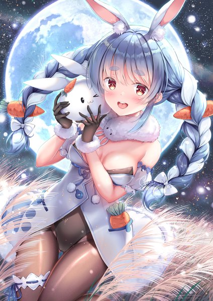 Anime picture 850x1202 with virtual youtuber hololive usada pekora usada pekora (1st costume) don-chan (usada pekora) nousagi (usada pekora) shirakawako single long hair tall image blush breasts open mouth light erotic red eyes large breasts signed animal ears blue hair cleavage