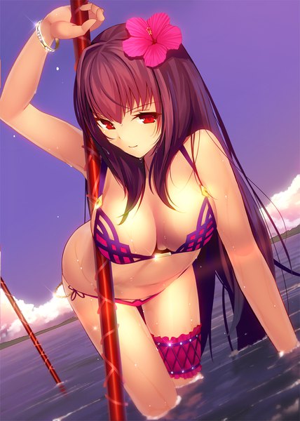 Anime picture 1000x1400 with fate (series) fate/grand order scathach (fate) (all) scathach (swimsuit assassin) (fate) machimura komori single tall image looking at viewer fringe breasts light erotic hair between eyes red eyes large breasts holding sky cleavage purple hair cloud (clouds) outdoors