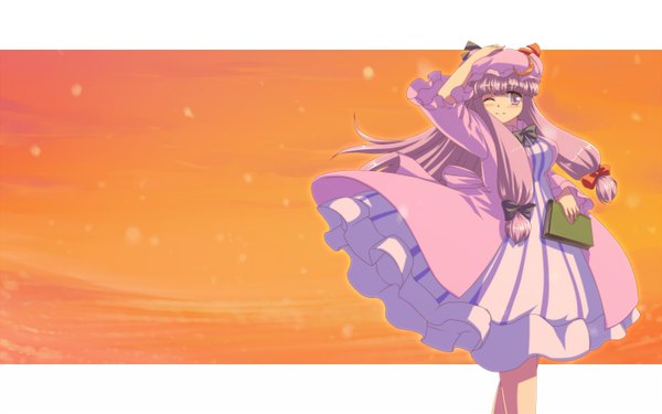 Anime picture 1440x900 with touhou patchouli knowledge tdk long hair wide image standing purple eyes purple hair one eye closed wink wallpaper girl dress bow ribbon (ribbons) hair bow hair ribbon hat book (books)