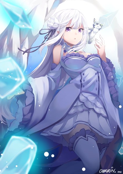 Anime picture 565x800 with re:zero kara hajimeru isekai seikatsu white fox emilia (re:zero) puck (re:zero) chiiririn single long hair tall image looking at viewer fringe purple eyes white hair hair flower girl thighhighs dress flower (flowers) detached sleeves animal white thighhighs