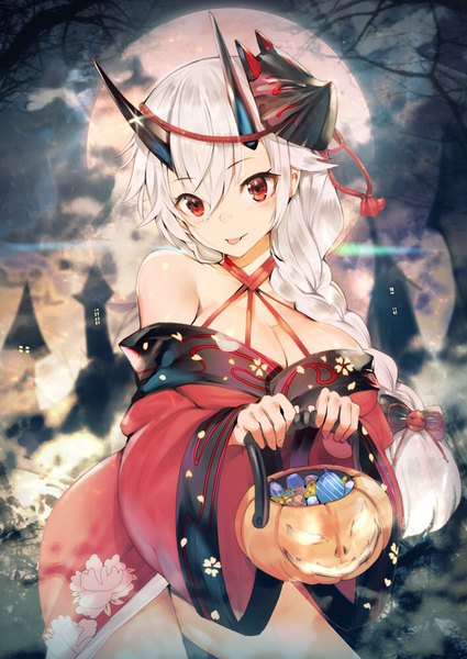 Anime picture 708x1000 with fate (series) fate/grand order tomoe gozen (fate) teddy (khanshin) single long hair tall image looking at viewer fringe breasts light erotic hair between eyes red eyes large breasts standing cleavage silver hair outdoors braid (braids) traditional clothes